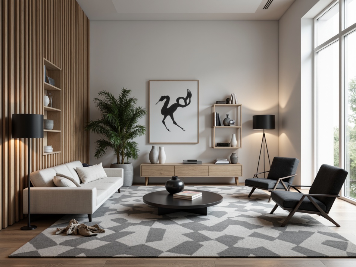 Prompt: Monochromatic interior, minimalist decor, low-profile sofas, sleek coffee tables, industrial metal chairs, geometric-patterned rugs, Scandinavian-inspired wooden shelves, matte black floor lamps, subtle texture variations, soft warm lighting, shallow depth of field, 3/4 composition, realistic textures, ambient occlusion.