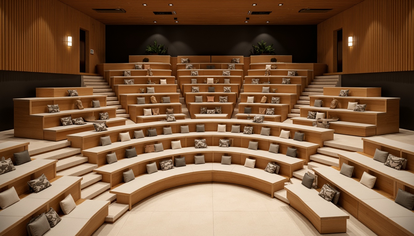 Prompt: Tiered seating arrangement, curved rows, wooden benches, cushions, amphitheater-style layout, transitional design elements, blend of modern and classic styles, warm beige tones, rich wood accents, comfortable seating, intimate atmosphere, soft warm lighting, subtle shadows, 1/1 composition, symmetrical framing, realistic textures, ambient occlusion.