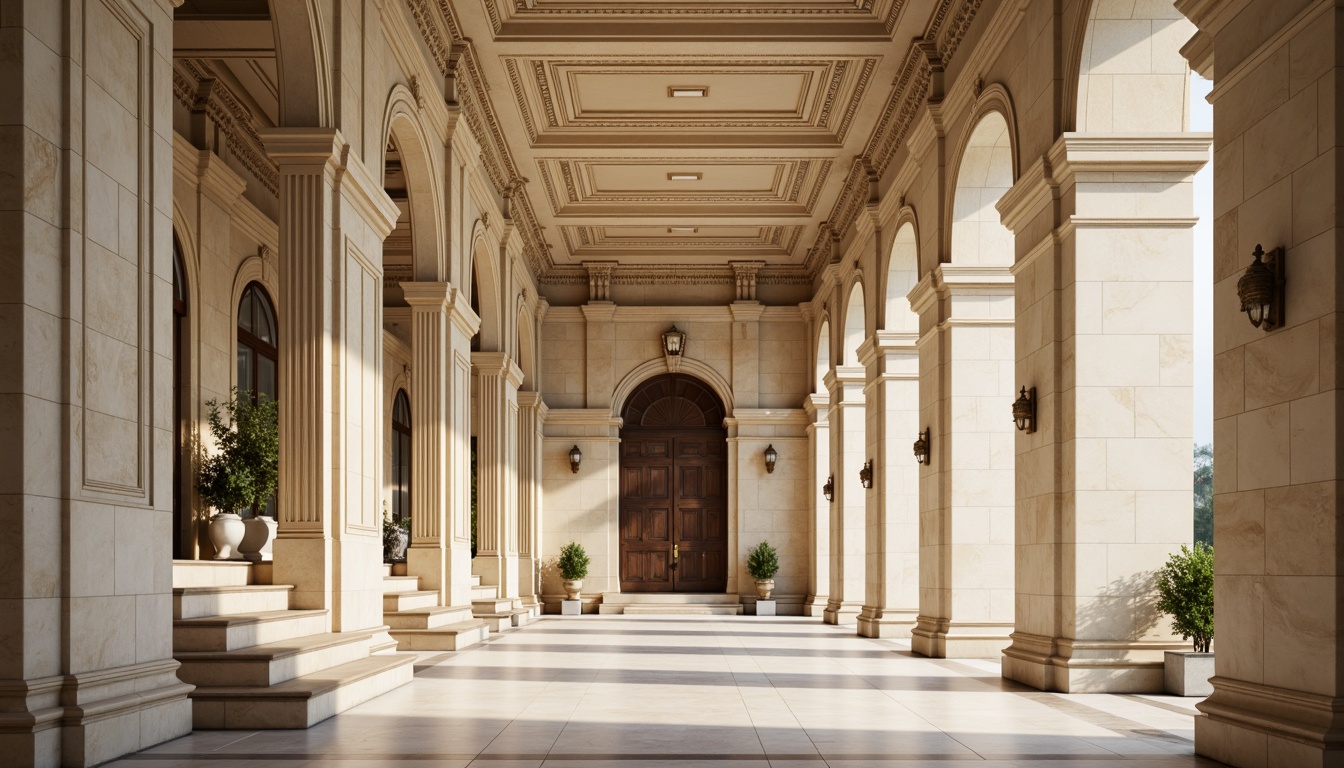 Prompt: Grand museum entrance, majestic columns, ornate capitals, carved marble details, elegant archways, sweeping staircases, refined neoclassical architecture, cream-colored stone walls, polished bronze fixtures, subtle warm lighting, soft shadows, 1/1 composition, symmetrical framing, realistic reflections, ambient occlusion, intricate moldings, classic sculptures, ornamental patterns, luxurious textiles, sophisticated color palette.