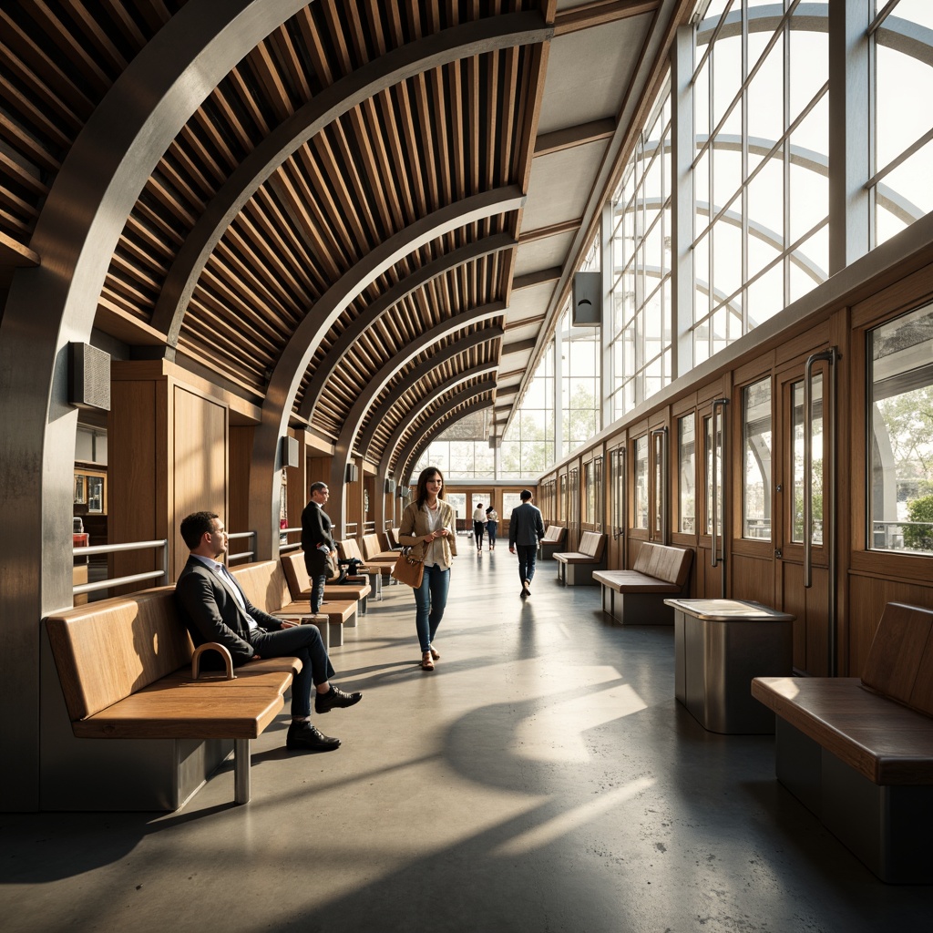 Prompt: Sleek train station interior, streamline moderne style, curved lines, polished metal accents, wooden paneling, retro-futuristic vibe, high ceilings, large windows, natural light pouring in, modernist lighting fixtures, minimalist benches, stainless steel handrails, industrial-style flooring, urban atmosphere, bustling activity, dynamic movement, shallow depth of field, 1/2 composition, warm color tones, soft shadows, realistic reflections.