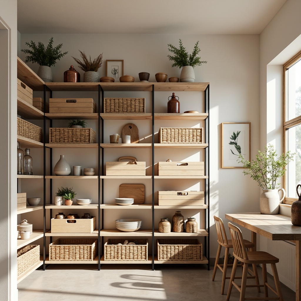 Prompt: Light-filled Scandinavian pantry, open shelving units, wooden crates, woven baskets, minimal metal frames, natural wood tones, creamy white walls, rustic ceramic jars, vintage copper accents, greenery-adorned vases, soft warm lighting, shallow depth of field, 1/1 composition, realistic textures, ambient occlusion.