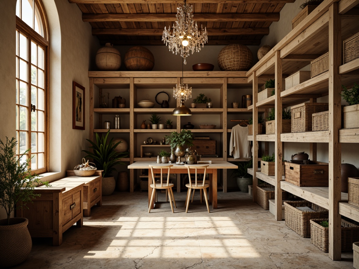 Prompt: Rustic storage room, distressed wood shelving units, ornate metal brackets, soft beige walls, natural stone flooring, vintage wooden crates, woven wicker baskets, antique furniture pieces, elegant crystal chandeliers, warm golden lighting, shallow depth of field, 1/1 composition, realistic textures, ambient occlusion.