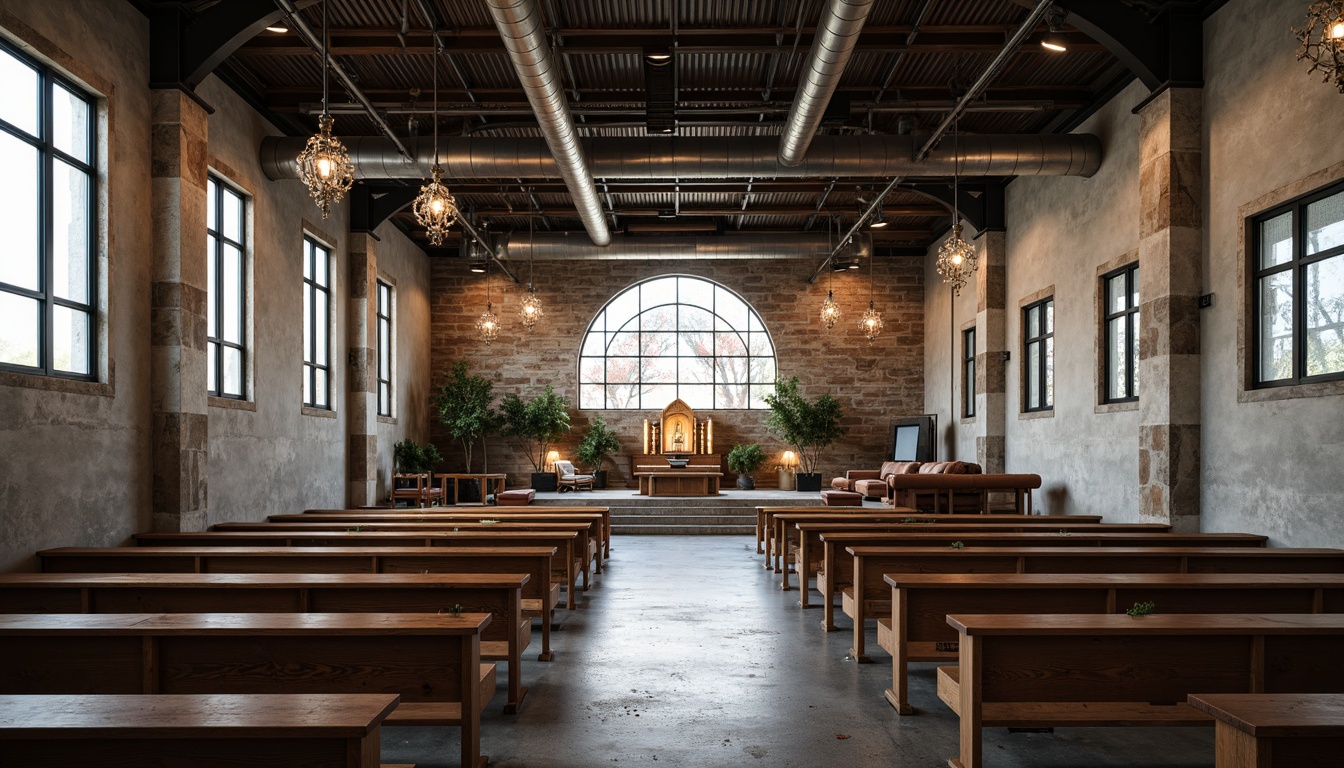 Prompt: Industrial-chic worship hall, reclaimed wooden pews, metal beams, exposed ductwork, vintage factory lights, distressed stone walls, minimalist altarpiece, modern stained glass windows, polished concrete floors, ornate ironwork, antique prayer benches, rustic wooden accents, industrial-style chandeliers, urban loft-inspired seating areas, atmospheric lighting, shallow depth of field, 2/3 composition, realistic textures, ambient occlusion.