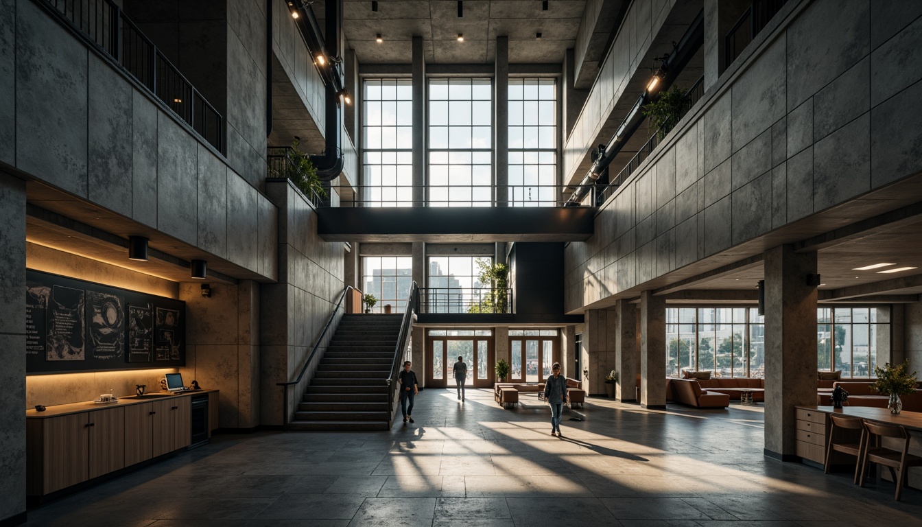 Prompt: Gritty brutalist school building, raw concrete walls, industrial-style metal beams, exposed ductwork, minimalist decor, functional corridors, dramatic staircase, institutional atmosphere, harsh overhead lighting, angular fixtures, metal shades, warm-toned wood accents, natural stone flooring, urban surroundings, cloudy day, high-contrast lighting, deep shadows, 1/2 composition, cinematic mood, realistic textures, ambient occlusion.