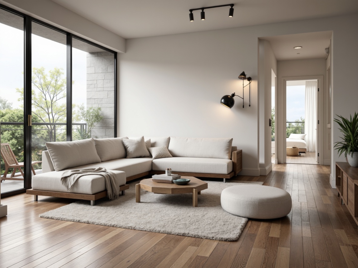 Prompt: Minimalist living room, sleek low-profile sofa, monochromatic color scheme, polished wooden floors, sparse decorative accents, floor-to-ceiling windows, natural daylight, subtle textures, industrial-chic lighting fixtures, geometric-shaped coffee table, Scandinavian-inspired decor, calm ambiance, soft warm glow, shallow depth of field, 1/1 composition, realistic render, ambient occlusion.