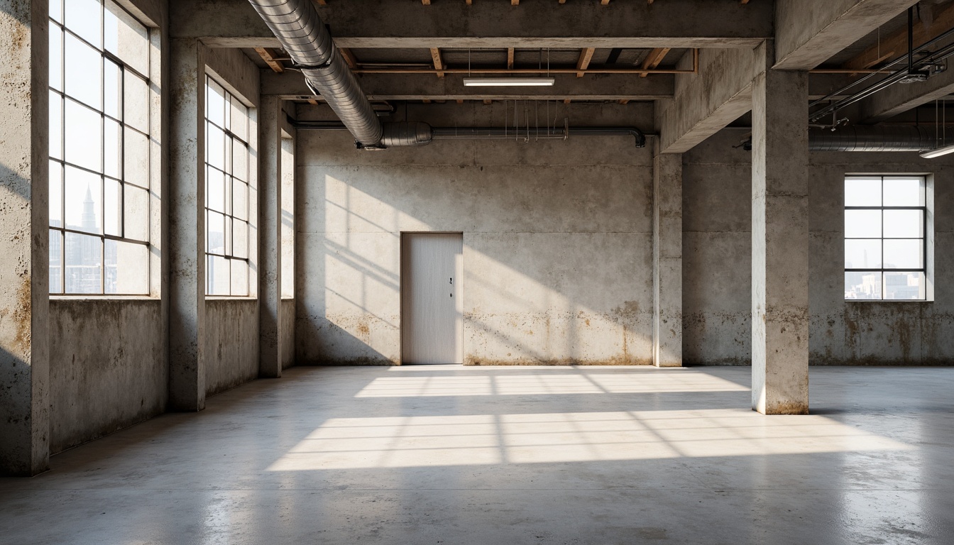 Prompt: Industrial concrete floors, exposed metal beams, monochromatic color scheme, neutral tones, soft pastels, muted metallic hues, distressed textures, urban loft atmosphere, functional minimalism, open space layout, natural light pouring in, subtle shadows, 1/1 composition, high-contrast lighting, realistic reflections, ambient occlusion.