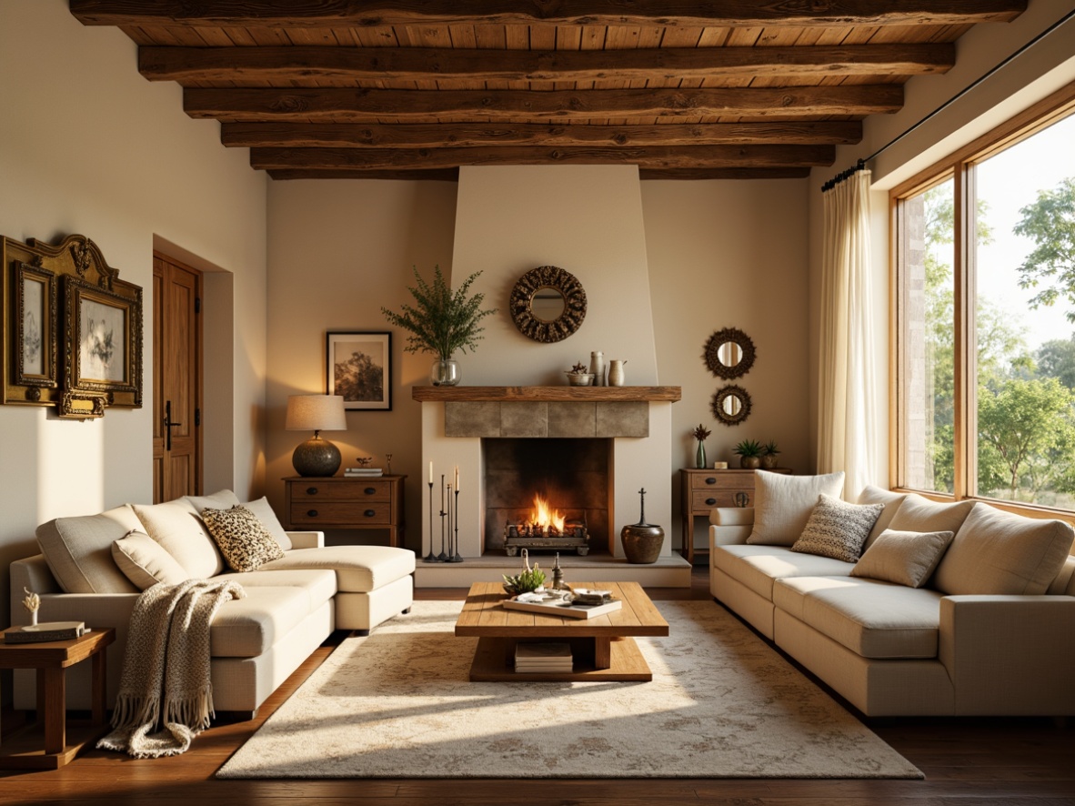 Prompt: Cozy family room, warm beige walls, rustic wooden beams, soft cream-colored furniture, plush throw blankets, vintage decorative items, ornate mirrors, distressed wood flooring, warm golden lighting, table lamps, floor lamps, candles, warm LED bulbs, soft box pleat drapes, billowy white curtains, natural stone fireplace, crackling fire, sunny afternoon, warm ambiance, shallow depth of field, 1/1 composition, realistic textures, ambient occlusion.