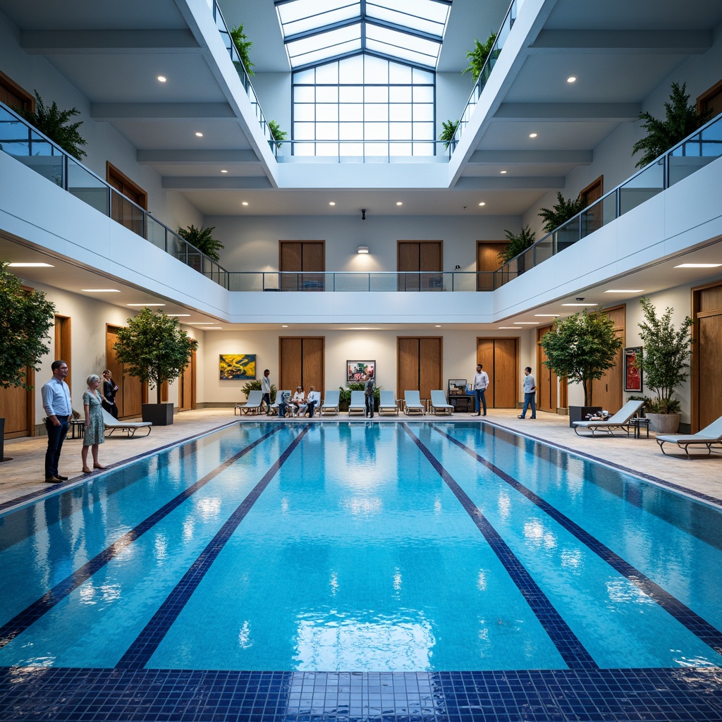 Prompt: Majestic academic institution, indoor swimming pool, lap lanes, diving boards, aquatic equipment, decorative tilework, blue and white hues, subtle wave patterns, natural stone accents, sleek metal railings, modern LED lighting, shallow water areas, gradual depth transitions, 1/1 composition, realistic reflections, ambient occlusion.