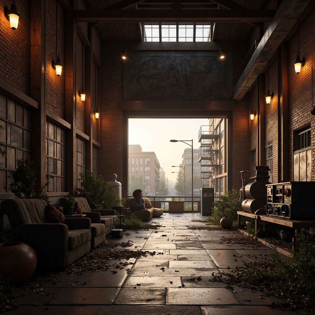 Prompt: Rustic warehouse, exposed brick walls, metal beams, reclaimed wood accents, industrial chic lighting, vintage machinery parts, distressed concrete floors, urban cityscape backdrop, moody atmospheric fog, warm golden hour lighting, shallow depth of field, 1/1 composition, realistic textures, ambient occlusion.