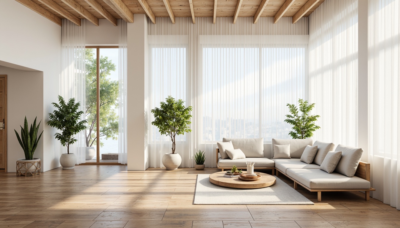 Prompt: Bright airy interior, floor-to-ceiling windows, sheer curtains, white walls, polished wooden floors, minimalist decor, sleek modern furniture, greenery plants, natural textures, soft warm lighting, indirect illumination, ambient shadows, 1/1 composition, shallow depth of field, realistic renderings.