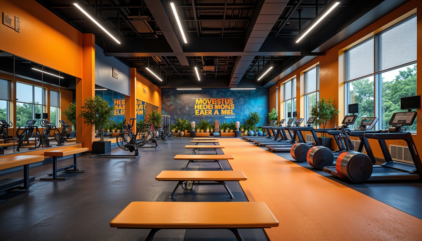 Prompt: Vibrant fitness club, energetic atmosphere, bold primary colors, motivational quotes, sleek modern equipment, polished metal surfaces, rubber flooring, mirrored walls, dynamic lighting, high-contrast visuals, intense workout zones, calming relaxation areas, natural wood accents, refreshing greenery, invigorating citrus hues, uplifting blue tones, stimulating orange shades, 3/4 composition, shallow depth of field, realistic textures, ambient occlusion.