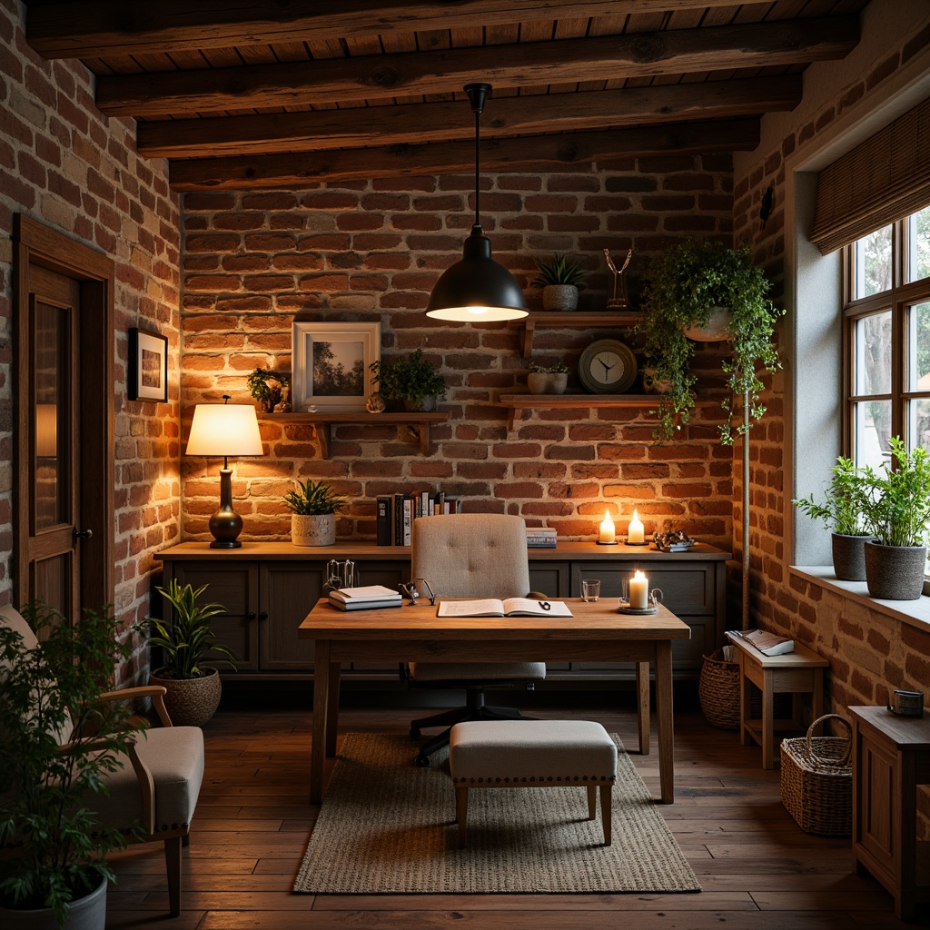 Prompt: Cozy home office, rustic wood accents, earthy tones, warm lighting, table lamps, metal shades, industrial pendants, exposed brick walls, reclaimed wood furniture, natural textiles, woven baskets, vintage decorative items, distressed finishes, candlelight ambiance, soft warm glow, shallow depth of field, 1/1 composition, realistic textures, ambient occlusion.