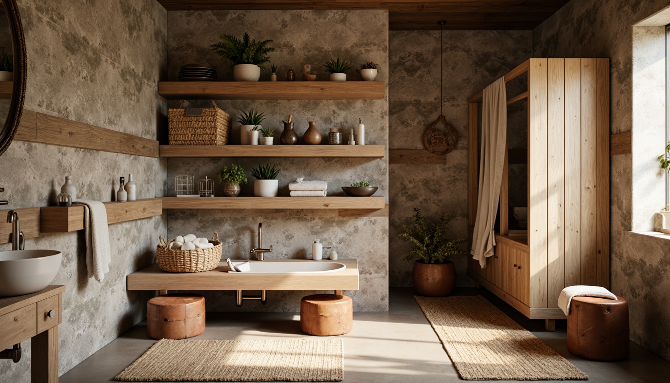 Prompt: Rustic bathroom, reclaimed wood accents, natural stone walls, earthy tones, woven baskets, jute rugs, linen towels, burlap shower curtains, vintage metal fixtures, distressed wooden cabinets, worn leather stools, soft warm lighting, shallow depth of field, 3/4 composition, cozy atmosphere, organic textures, ambient occlusion.