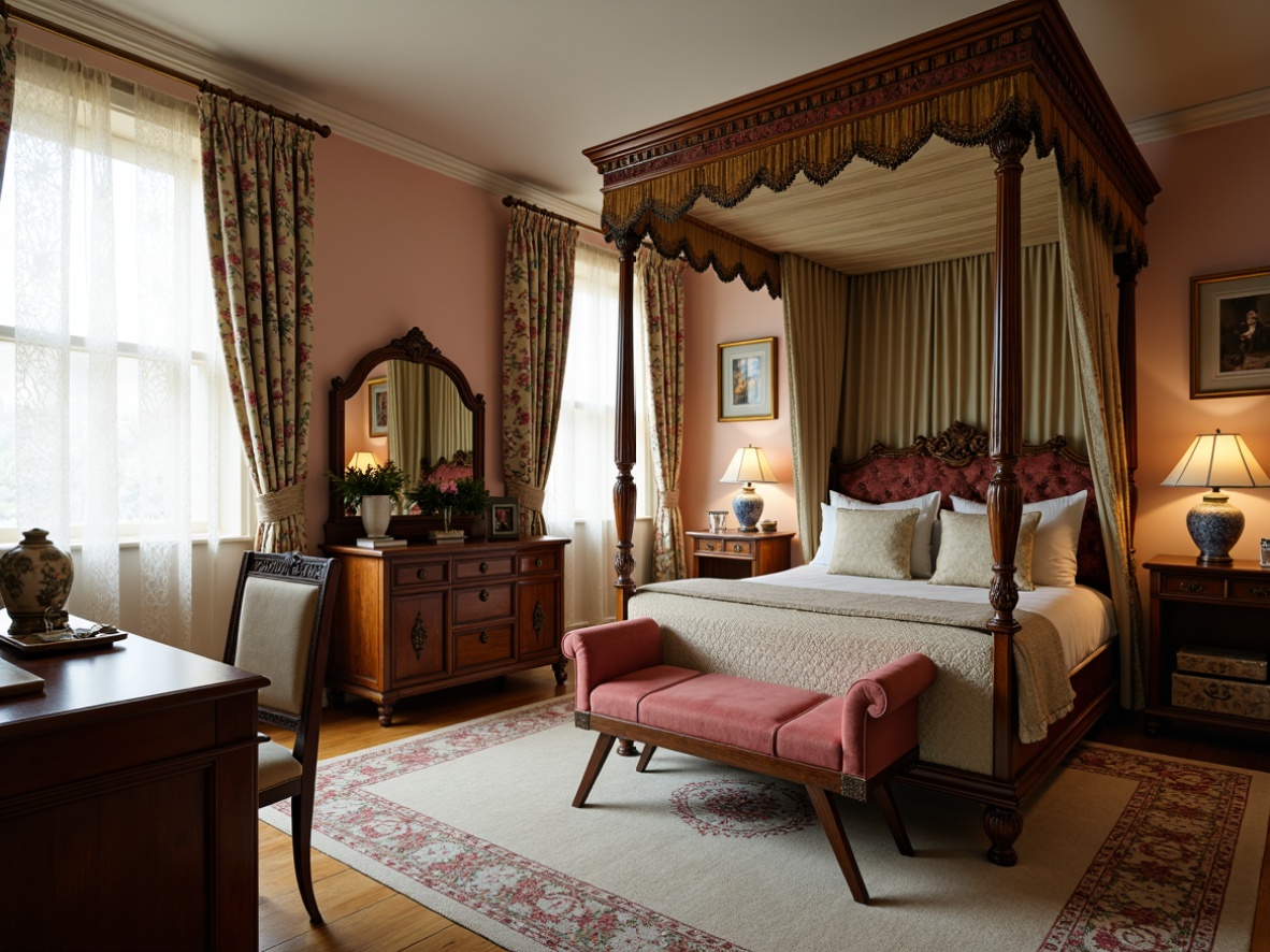 Prompt: Richly ornamented four-poster bed, velvet upholstery, intricate carvings, soft pastel colors, plush area rug, antique wooden desk, leather-bound books, vintage toy chest, lace curtains, floral patterns, ornate mirror frame, golden picture frames, delicate porcelain vases, warm candlelight, cozy reading nook, 1/2 composition, shallow depth of field, soft focus, warm color palette.