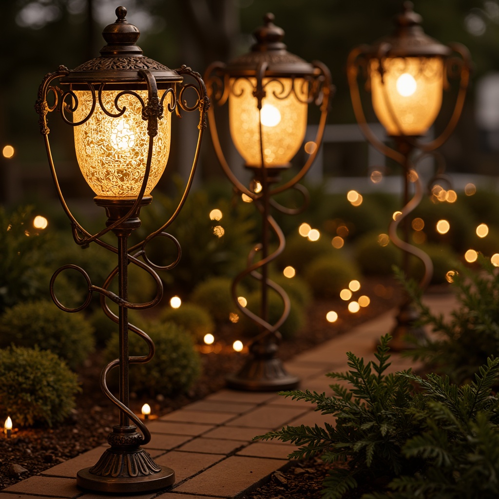 Prompt: Ornate lamp posts, sinuous metalwork, flowing organic shapes, warm golden lighting, delicate filigree details, beaded glass shades, curved lines, whiplash motifs, botanical inspirations, earthy tones, luxurious materials, intricate textures, 3/4 composition, soft focus, ambient occlusion.