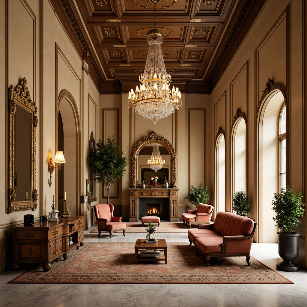 Prompt: Elegant neoclassical interior, ornate wooden furniture, intricately carved details, rich velvet upholstery, golden accents, crystal chandeliers, marble floors, grand scale, symmetrical composition, dramatic lighting, warm beige colors, classical columns, arches, luxurious fabrics, refined textures, subtle patterns, antique-inspired accessories, ornamental mirrors, lavish decor, sophisticated ambiance, shallow depth of field, 1/2 composition, soft focus effect.