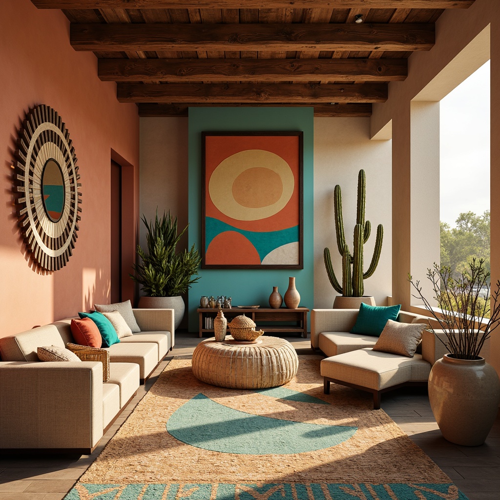 Prompt: Vibrant turquoise accents, earthy terracotta hues, soft sandy beiges, rich walnut wood tones, bold geometric patterns, natural textiles, woven baskets, plush area rugs, rustic metal decor, cactus-inspired sculptures, desert botanicals, warm golden lighting, shallow depth of field, 1/1 composition, panoramic view, realistic textures, ambient occlusion.