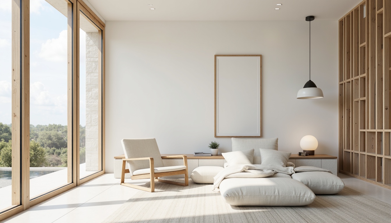 Prompt: Soothing interior space, minimalist decor, creamy whites, soft grays, calming blues, natural wood accents, smooth stone textures, subtle linen fabrics, elegant simplicity, clear glass surfaces, warm beige tones, gentle lighting, shallow depth of field, 1/1 composition, realistic renderings, ambient occlusion.