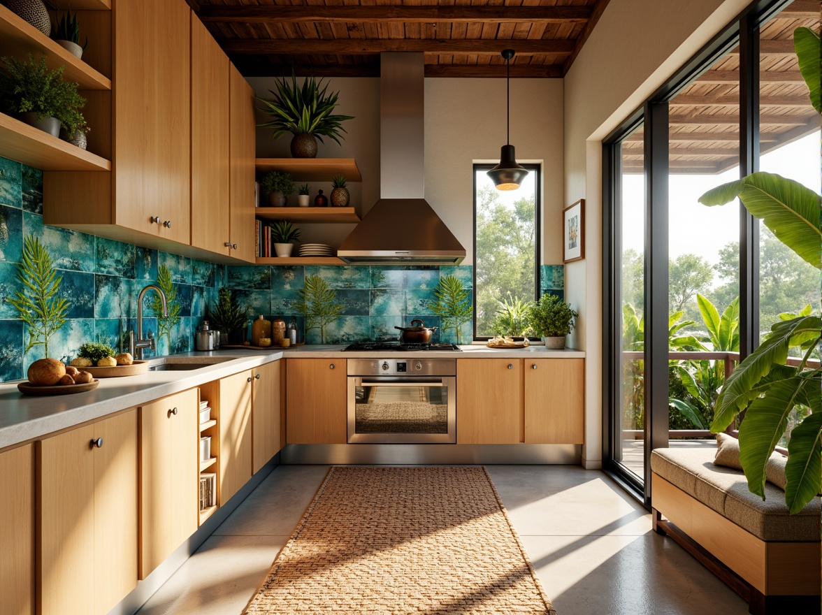 Prompt: Vibrant tropical kitchen, exotic island vibe, warm beige cabinets, polished chrome fixtures, glass tile backsplash, iridescent mother of pearl accents, natural stone countertops, woven bamboo flooring, lush greenery, colorful coral patterns, ocean-inspired decor, sunny day, soft warm lighting, shallow depth of field, 1/1 composition, realistic textures, ambient occlusion.