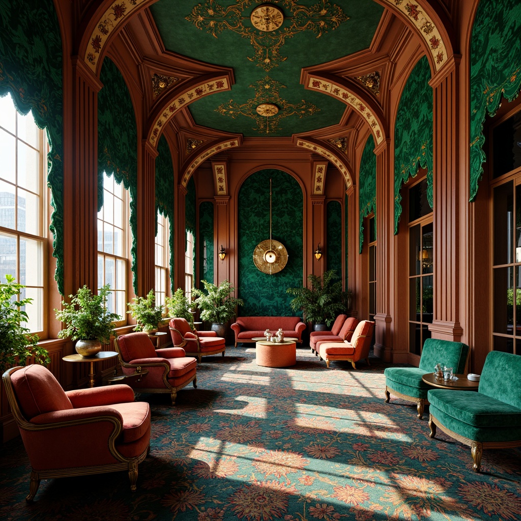 Prompt: Richly ornate Art Nouveau interior, luxurious velvet fabrics, intricately carved wooden furniture, flowing organic lines, sinuous curves, whimsical botanical patterns, jewel-toned colors, emerald green accents, sapphire blue hues, ambery warm lighting, golden metallic details, ornate plasterwork, intricate moldings, soft focus photography, shallow depth of field, 1/2 composition, realistic textures, ambient occlusion.