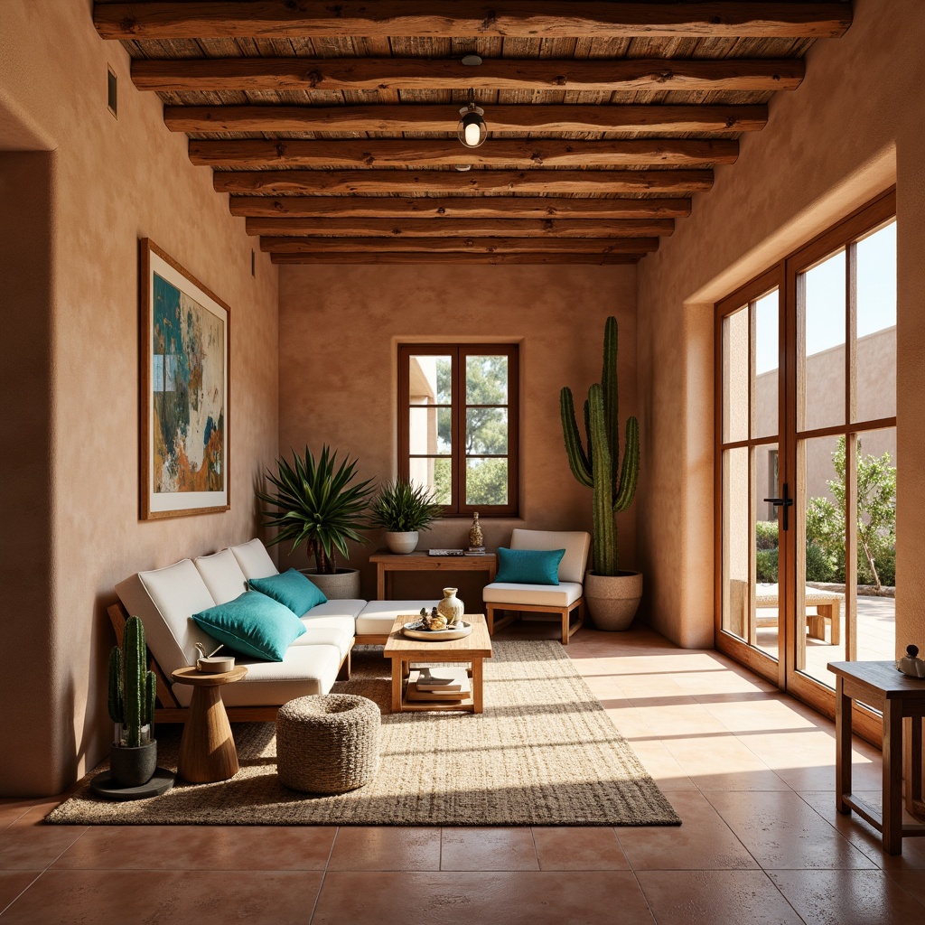 Prompt: Earth-toned adobe walls, warm terracotta floors, natural stone accents, rustic wooden beams, woven textiles, vibrant turquoise accessories, desert botanicals, cacti, succulents, oversized windows, sliding glass doors, soft warm lighting, shallow depth of field, 3/4 composition, panoramic view, realistic textures, ambient occlusion.