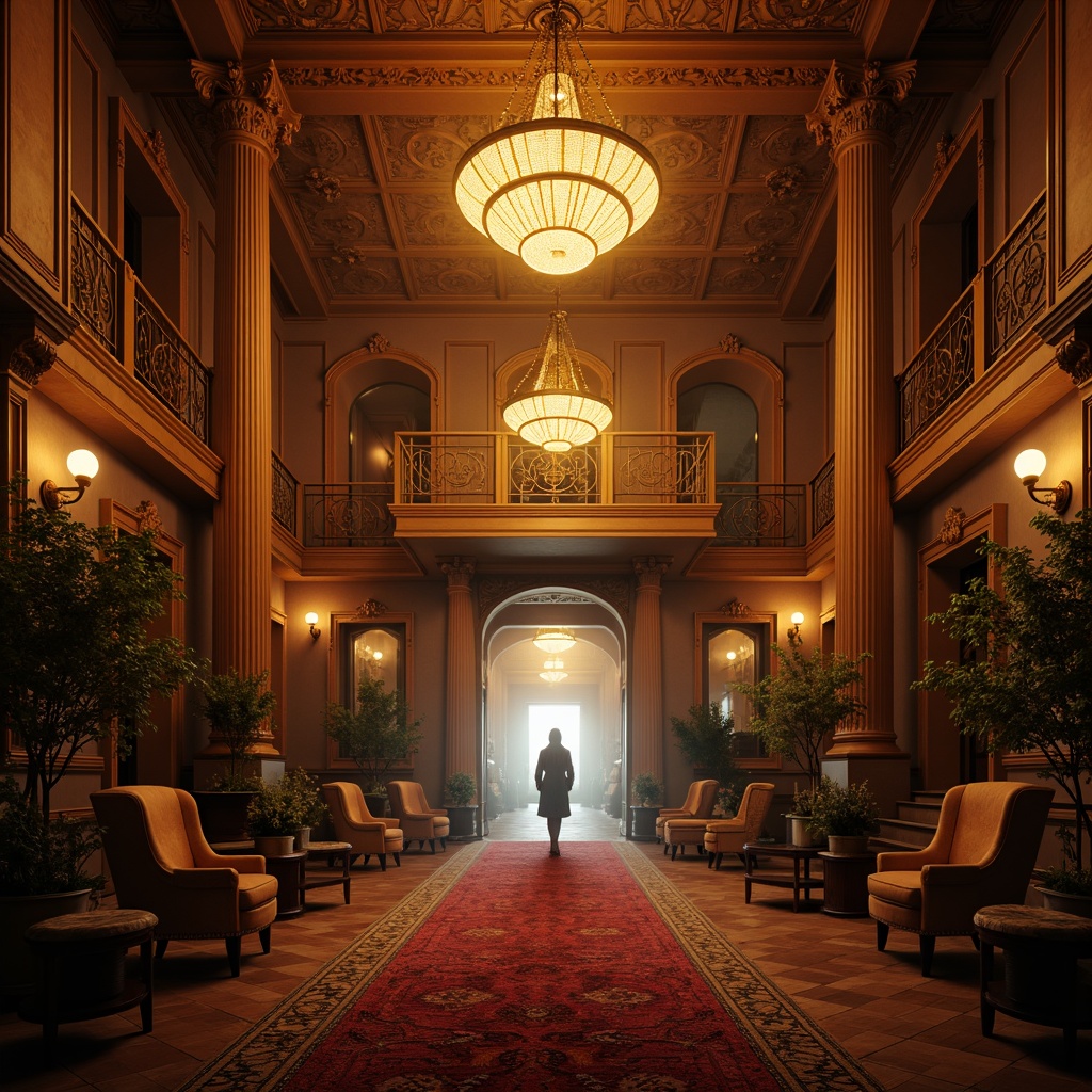 Prompt: Ornate chandeliers, warm golden lighting, richly decorated ceilings, luxurious fabrics, lavish furnishings, intricate wooden carvings, ornamental mirrors, grand staircases, majestic archways, dramatic shadows, high contrast ratios, softbox lighting, warm color temperatures, cinematic camera angles, shallow depth of field, 2.39 aspect ratio, film noir inspirations, mysterious ambiance, foggy atmosphere, dimly lit corridors, candelabras, sconces, velvet drapes, red carpet, grandiose entrance halls.