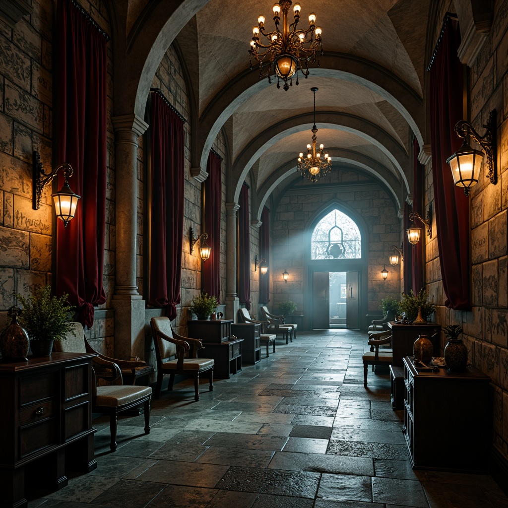 Prompt: Gothic-inspired clinic interior, ornate stone walls, arches and vaulted ceilings, grandiose chandeliers, rich velvet drapes, mysterious dim lighting, warm wooden accents, intricate carvings, ornamental metalwork, ancient manuscript-inspired wallpaper, mystical symbols, eerie ambiance, atmospheric fog effect, cinematic shallow focus, 1/2 composition, dramatic shadows, high-contrast lighting, realistic stone textures, subtle ambient occlusion.