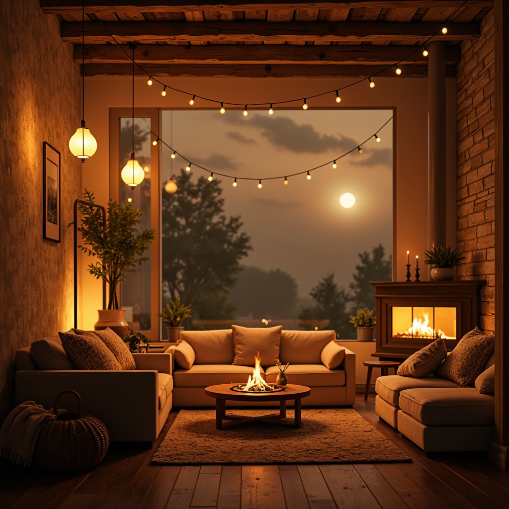 Prompt: Warm cozy atmosphere, soft diffused lighting, warm beige tones, subtle shadows, golden hour glow, string lights, lanterns, candles, fireplace, floor lamps, table lamps, pendant lights, LED strips, ambient Occlusion, volumetric lighting, misty foggy effects, mystical moonlight, starry night sky, twinkling fairy lights, dreamy ethereal aura.