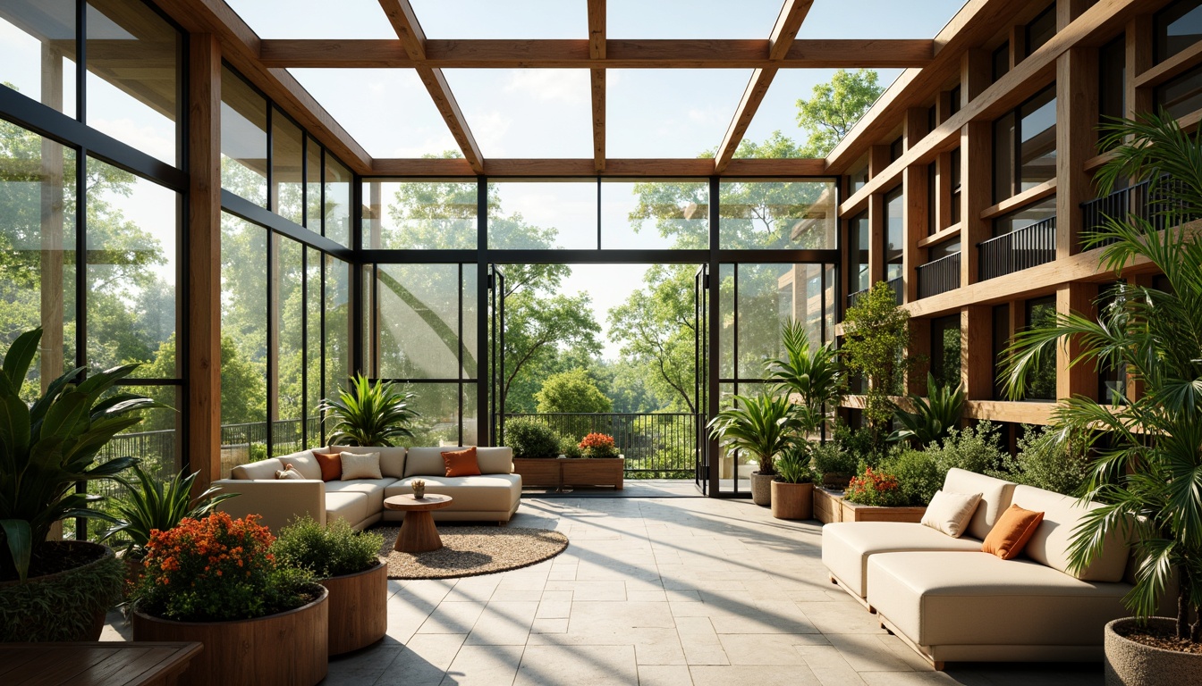 Prompt: Vibrant sunroom interior, abundant natural light, floor-to-ceiling glass windows, sliding doors, minimalist decor, sleek metal frames, warm wood accents, plush furnishings, lush greenery, potted plants, tropical flowers, soft diffused lighting, shallow depth of field, 1/2 composition, panoramic view, realistic textures, ambient occlusion.