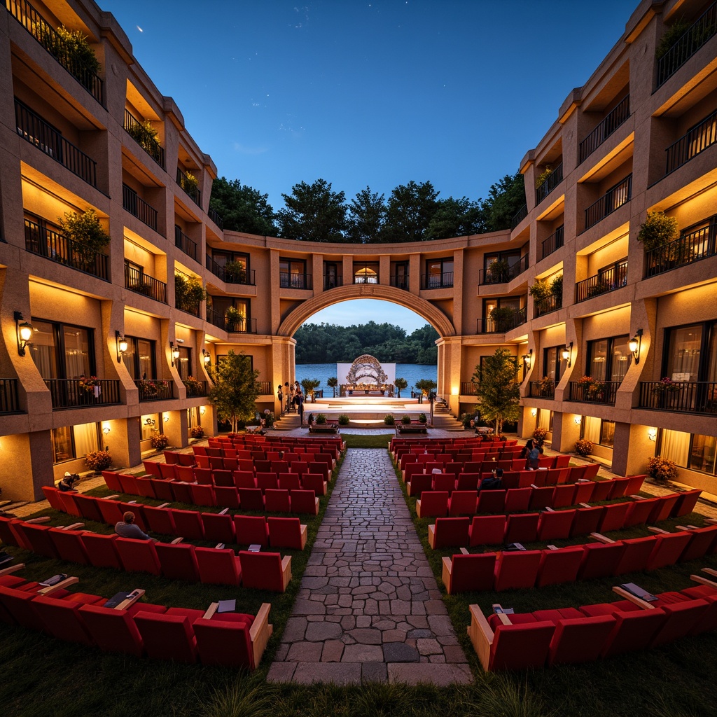 Prompt: Grand amphitheater, tiered seating, ornate stone walls, curved architectural lines, warm golden lighting, plush red velvet chairs, polished wooden floors, intricate acoustic panels, suspended sound systems, majestic stage designs, dramatic spotlights, soft blue evening sky, starry night ambiance, gentle breeze, natural grass surroundings, serene lake views, rustic stone pathways, modern amenities integration.