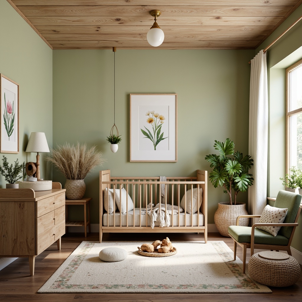 Prompt: Rustic nursery, wooden crib, natural fabrics, vintage toys, earthy tone walls, sage green accents, creamy whites, distressed wood furniture, woven baskets, floral patterns, soft warm lighting, shallow depth of field, 1/1 composition, cozy atmosphere, textured rugs, plush toys, nature-inspired artwork, watercolor-style illustrations.