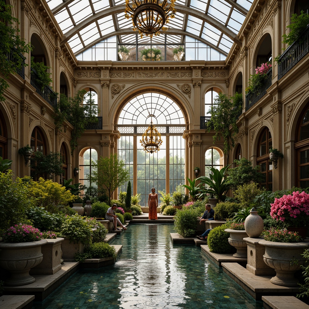 Prompt: Opulent greenhouse interior, lavish Rococo decor, intricate carvings, ornate metalwork, lush greenery, exotic flowers, delicate ceramics, sparkling chandeliers, grandiose archways, elegant fountains, soft natural lighting, warm ambient glow, shallow depth of field, 1/1 composition, realistic textures, ambient occlusion.