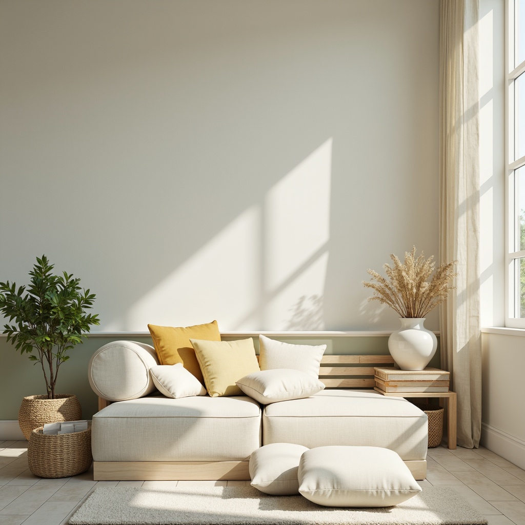 Prompt: Soft pastel hues, calming whites, creamy beiges, pale blues, muted greens, warm grays, gentle yellows, serene atmosphere, natural textures, subtle patterns, minimalist decor, cozy ambiance, warm lighting, soft shadows, shallow depth of field, 1/1 composition, intimate setting.