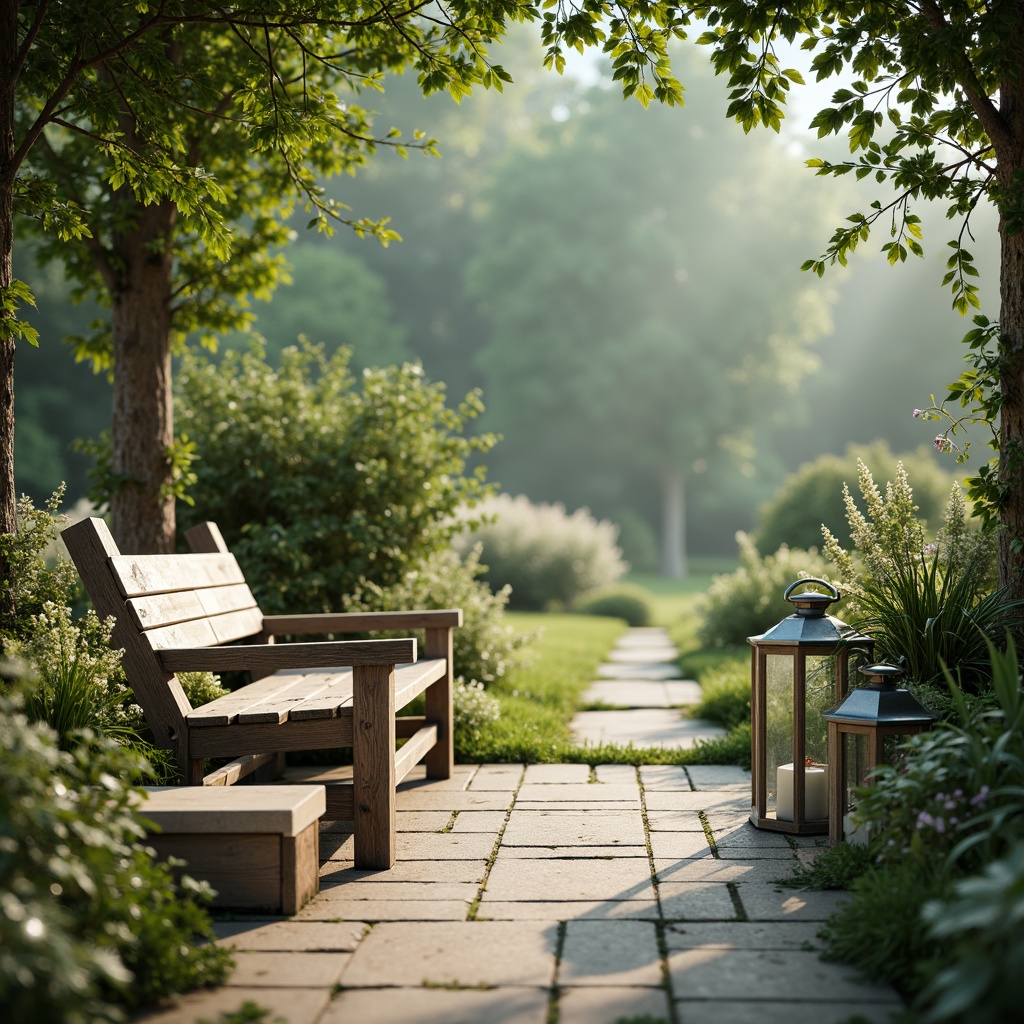 Prompt: Soft celadon hues, calming atmosphere, serene natural scenery, misty morning dew, delicate florals, vintage garden benches, distressed wooden accents, warm beige stone pathways, rustic metal lanterns, softbox lighting, shallow depth of field, 1/1 composition, intimate close-up shots, realistic textures, ambient occlusion.