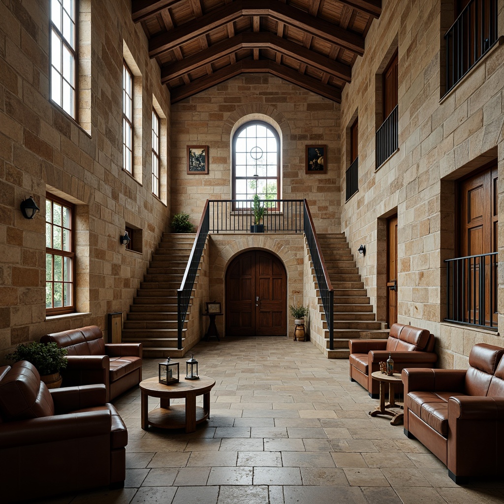 Prompt: Historic courthouse building, traditional vernacular style, rustic stone walls, worn wooden doors, ornate metal gates, decorative roof finials, grand staircases, high ceilings, large windows, natural light, warm earthy tones, rough-hewn limestone, reclaimed wood flooring, distressed leather furniture, vintage metal lanterns, classic clock towers, subtle color palette, soft warm lighting, shallow depth of field, 1/2 composition, symmetrical framing, realistic textures, ambient occlusion.