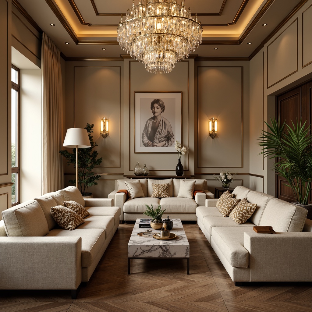 Prompt: Luxurious living room, warm beige walls, rich dark wood flooring, plush cream-colored sofas, elegant crystal chandeliers, textured velvet throw pillows, metallic gold accents, sophisticated marble coffee tables, soft warm lighting, shallow depth of field, 3/4 composition, realistic textures, ambient occlusion.