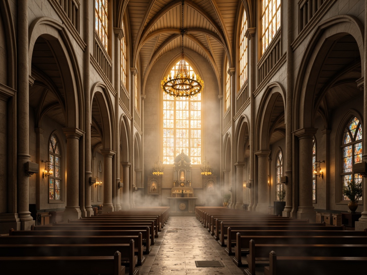 Prompt: Ethereal cathedral interior, grandiose vaulted ceilings, stained glass windows, ornate chandeliers, warm golden lighting, soft luminescent glow, subtle shadows, atmospheric mist, mysterious ambiance, sacred relics, intricate stone carvings, polished marble floors, reverent silence, dramatic high contrast, 1/1 composition, symmetrical framing, divine illumination.