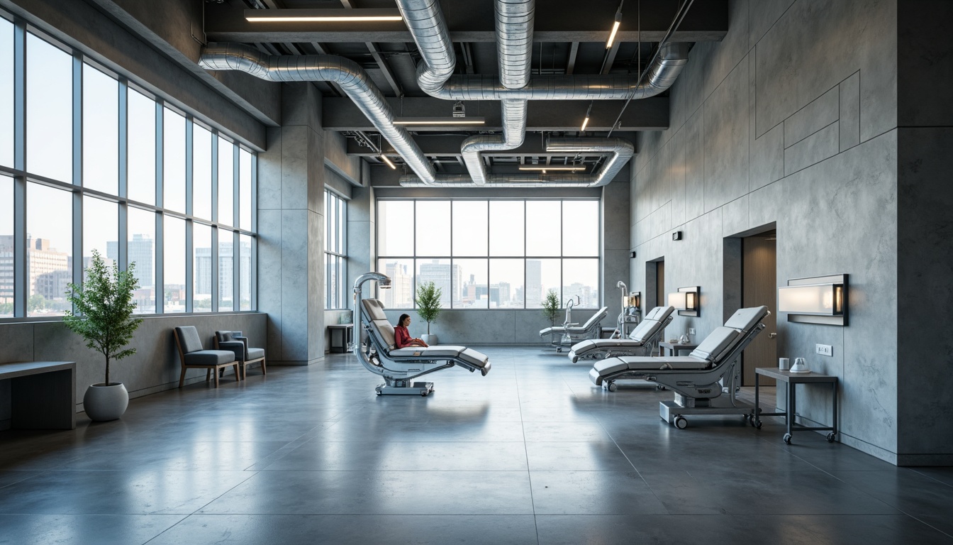 Prompt: Minimalist hospital interior, industrial-style exposed ductwork, polished concrete floors, stainless steel equipment, sleek metal furniture, modern medical machinery, private patient rooms, natural light pouring in, floor-to-ceiling windows, urban cityscape views, subtle color palette, ambient lighting, shallow depth of field, 3/4 composition, realistic textures, soft focus effect.