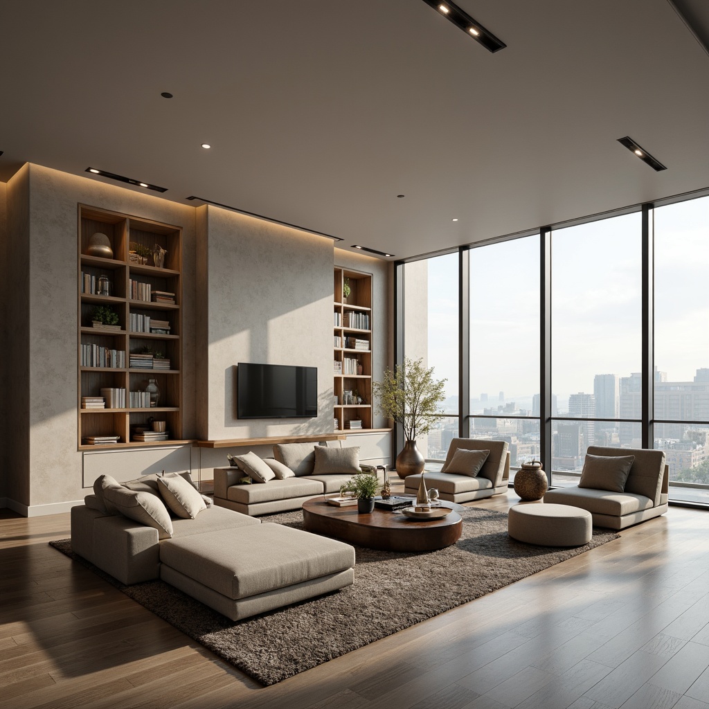 Prompt: Minimalist living room, sleek low-profile furniture, neutral color palette, spacious open layout, floor-to-ceiling windows, natural light, modern geometric shapes, textured rugs, metallic accents, ambient lighting, cozy reading nooks, built-in shelving units, hidden storage compartments, functional zone divisions, conversational seating areas, scenic city views, soft warm illumination, 1/2 composition, shallow depth of field.