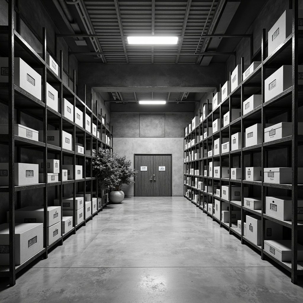 Prompt: Monochromatic storage rooms, industrial metal shelves, simple wooden crates, functional lighting fixtures, geometric patterns, minimalist decor, clean lines, rectangular shapes, neutral color palette, raw concrete floors, exposed ductwork, sparse greenery, soft natural light, 1/1 composition, shallow depth of field, realistic textures, ambient occlusion.