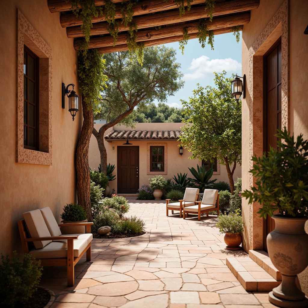 Prompt: Warm terracotta tiles, rustic charm, earthy tones, traditional Mediterranean architecture, curved lines, ornate details, vibrant ceramic accents, sun-kissed patios, lush greenery, olive trees, lemon groves, rustic stone walls, worn wooden doors, soft warm lighting, shallow depth of field, 3/4 composition, realistic textures, ambient occlusion.