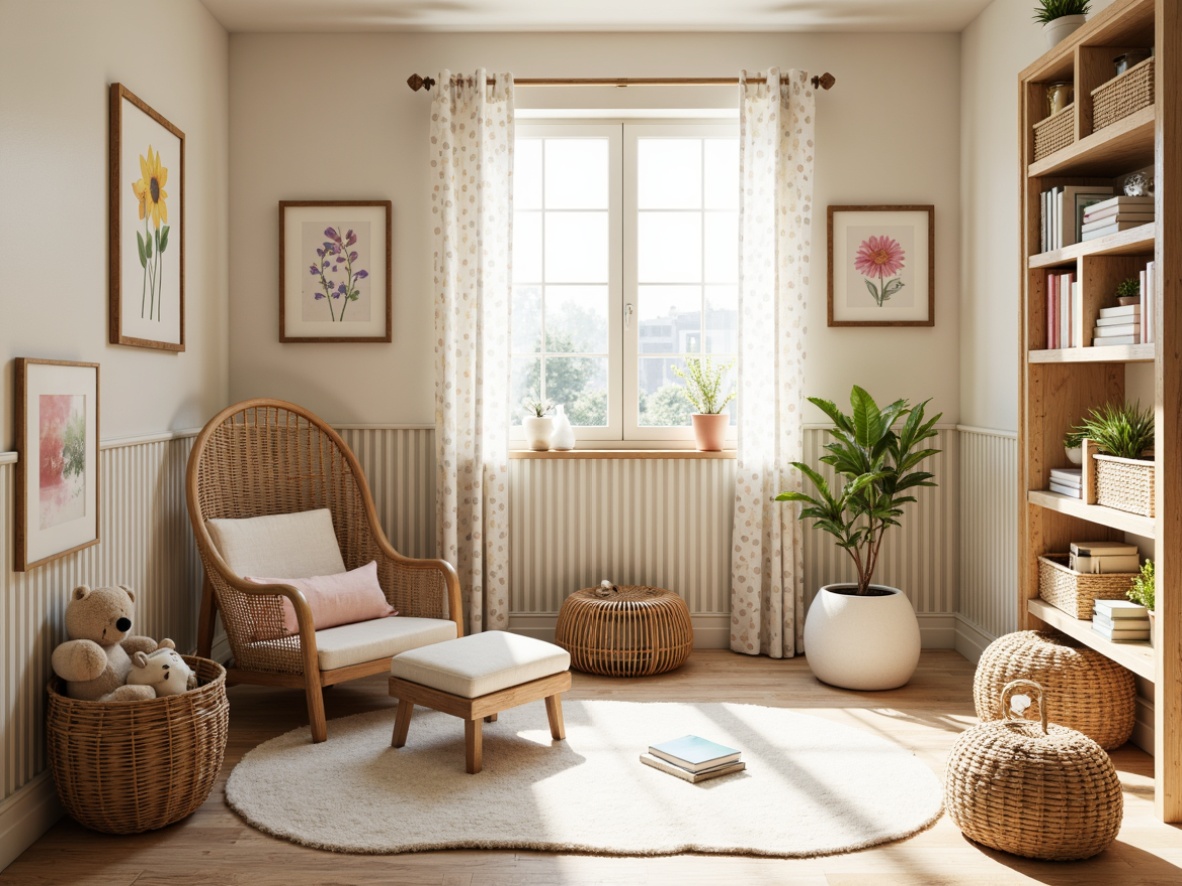 Prompt: Whimsical kids' room, vintage vernacular style, distressed wood accents, soft pastel colors, creamy whites, warm beige tones, playful polka dots, colorful stripes, plush toys, cozy reading nooks, natural textiles, woven baskets, rustic wooden furniture, floral patterns, sunny afternoon light, softbox lighting, shallow depth of field, 1/1 composition, inviting atmosphere, lively accents.