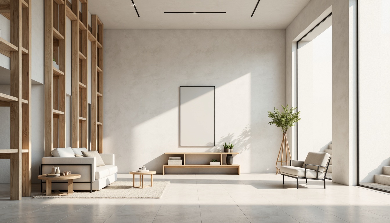 Prompt: Minimalist interior, neutral color scheme, creamy whites, soft grays, beige tones, natural textures, reclaimed wood accents, industrial metal frames, simple geometric shapes, clean lines, minimal ornamentation, abundant natural light, airy atmosphere, calm ambiance, subtle shadows, 1/1 composition, soft focus, realistic rendering.