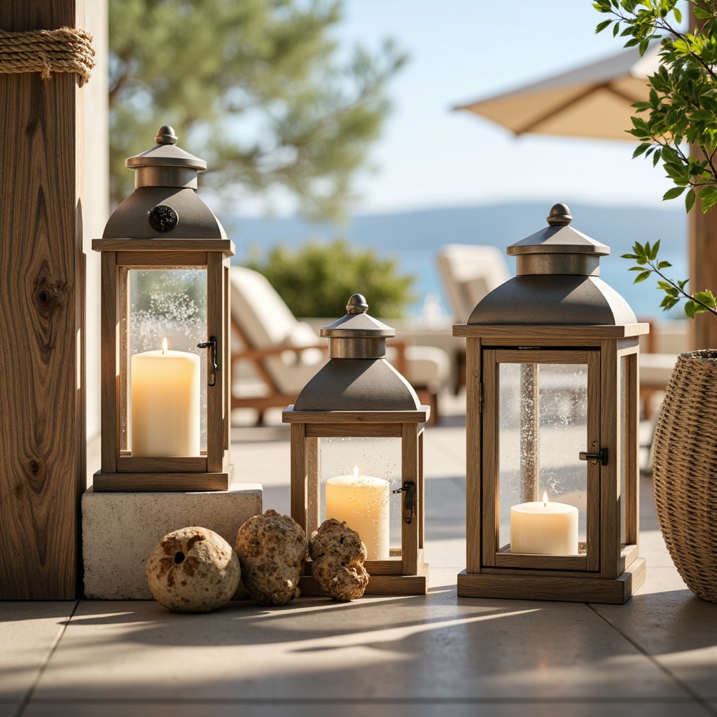 Prompt: Coastal-themed lanterns, nautical rope details, distressed wood accents, weathered metal finishes, soft warm glow, candle-like ambiance, ocean-inspired glass shades, sea salt-etched metalwork, driftwood-textured fixtures, beachy vibe, relaxed atmosphere, natural linen shades, woven rattan details, sandy beige tones, calming blue hues, sunny day, shallow depth of field, 1/1 composition, realistic textures, ambient occlusion.