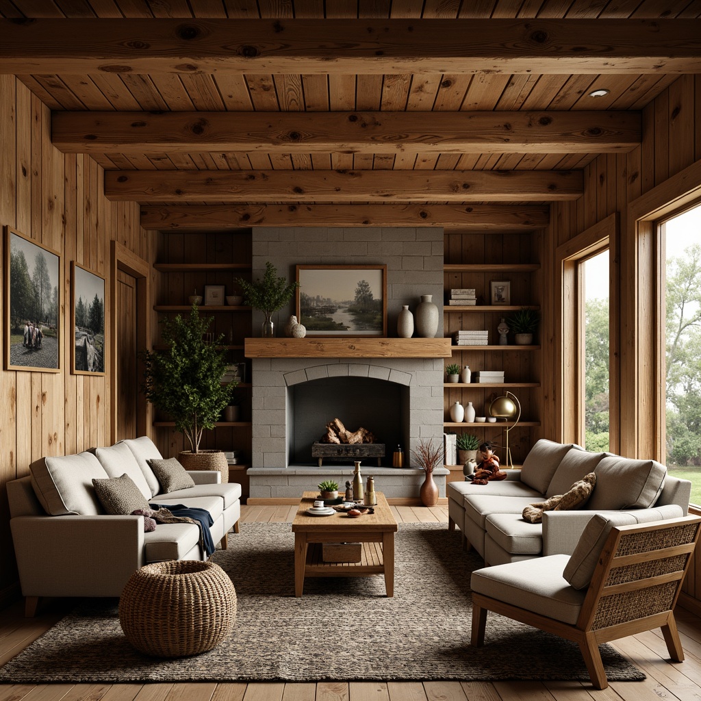 Prompt: Cozy family room, rustic wooden walls, distressed wood furniture, natural stone fireplace, earthy color palette, woven wicker chairs, plush throw blankets, vintage metal lanterns, soft warm lighting, shallow depth of field, 2/3 composition, intimate atmosphere, realistic textures, ambient occlusion.