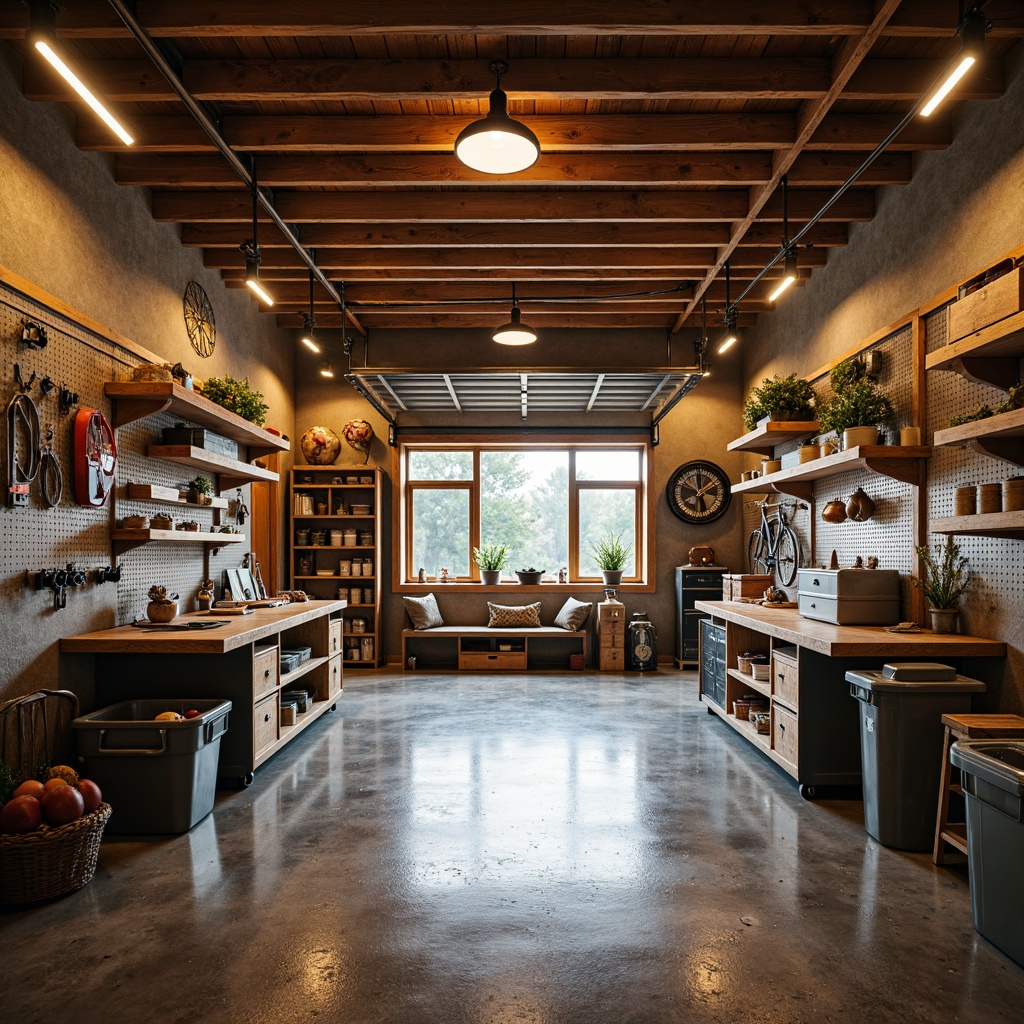 Prompt: Cozy family garage interior, warm lighting, rustic wood accents, metal shelving units, storage bins, toolboxes, bicycles, sports equipment, hanging organizers, epoxy-coated flooring, natural stone walls, earthy color palette, spacious workbench, pegboard, hooks, baskets, DIY project zone, recycling station, slatwall panels, industrial-style decor, functional layout, ample storage space, soft warm ambiance, shallow depth of field, 3/4 composition.