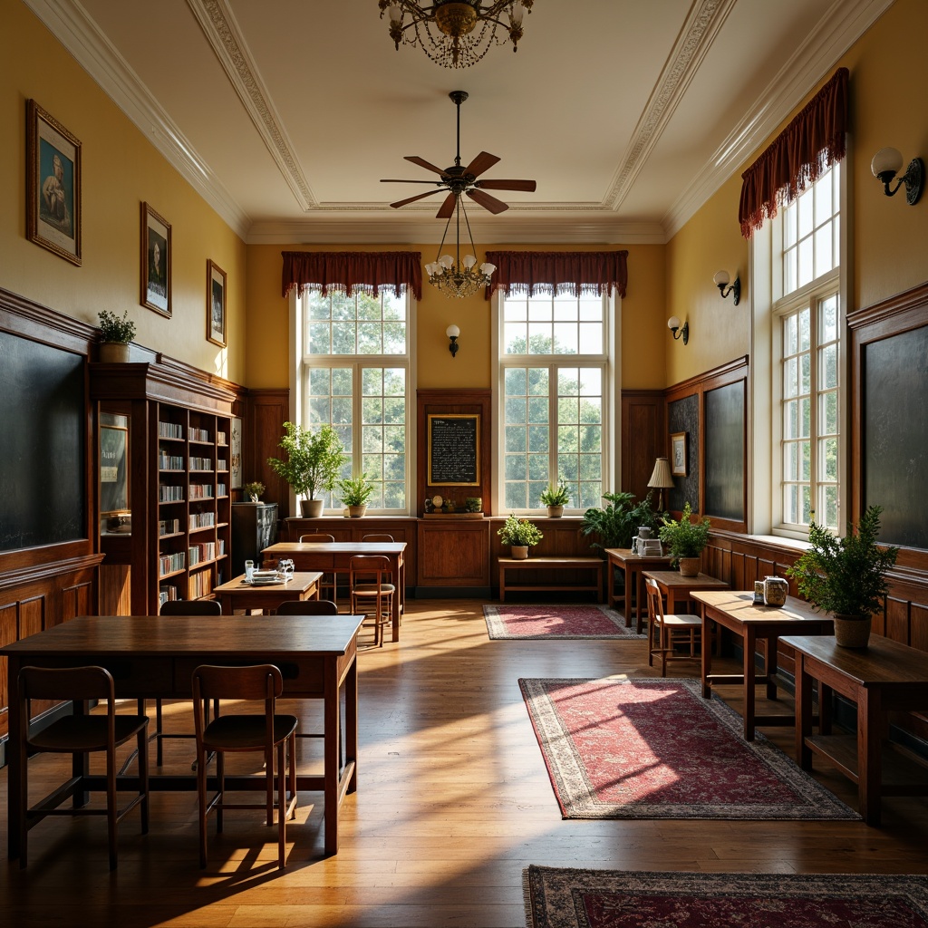 Prompt: Traditional wooden desks, vintage chairs, ornate lockers, classic blackboards, rustic wood flooring, cozy reading nooks, plush area rugs, warm beige walls, decorative ceiling fans, elegant chandeliers, abundant natural light, soft box lighting, shallow depth of field, 2/3 composition, realistic textures, ambient occlusion, serene atmosphere.