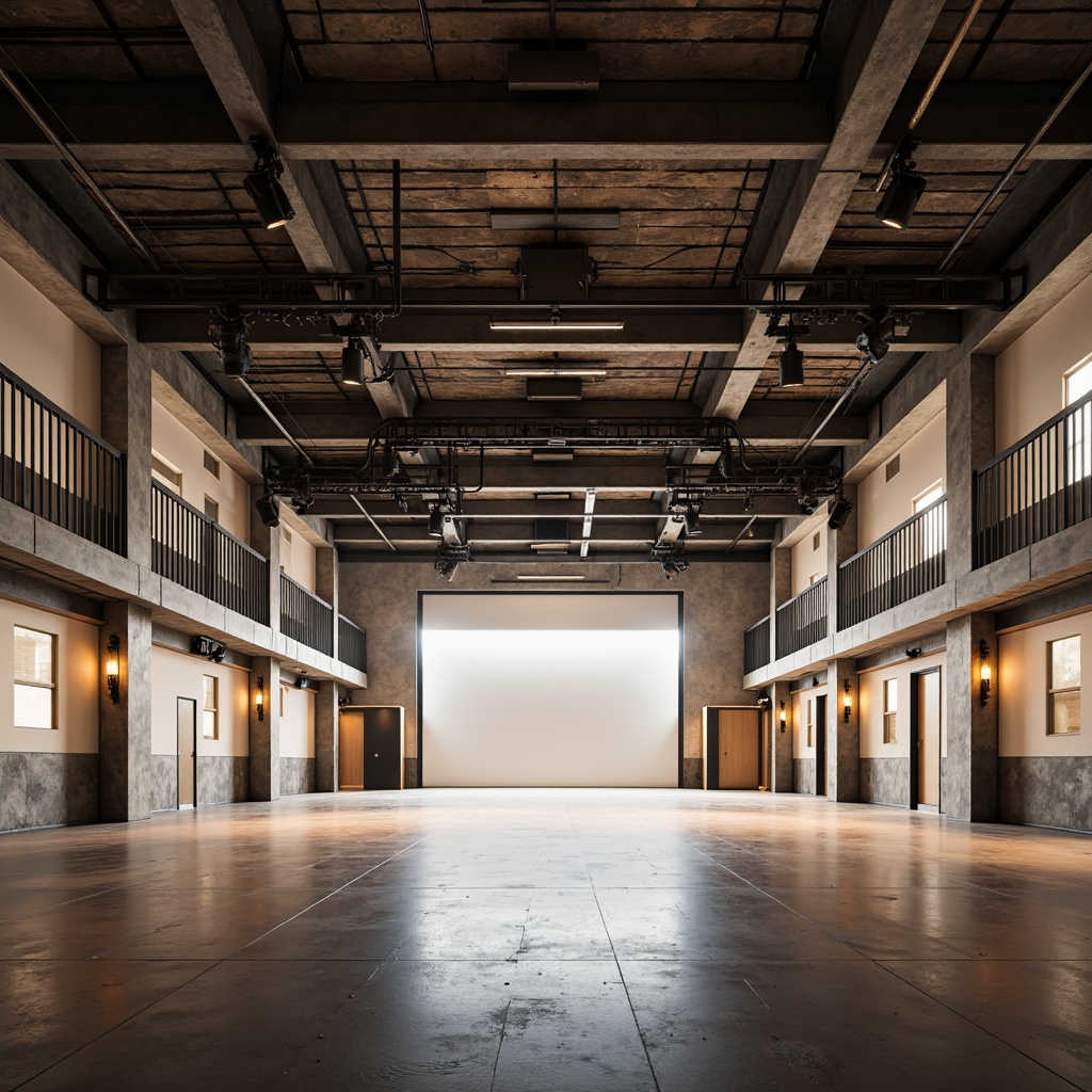 Prompt: Industrial-chic auditorium, minimalist Bauhaus style, exposed ductwork, concrete floors, steel beams, functional lighting fixtures, geometric shapes, stark white walls, dramatic spotlights, warm ambient glow, suspended catwalks, metal railings, reclaimed wood accents, urban aesthetic, modernist architecture, high ceiling, open space, flexible seating arrangement, state-of-the-art sound systems, LED stage lights, softbox lighting, 3-point lighting setup, cinematic atmosphere, realistic textures, subtle color grading.