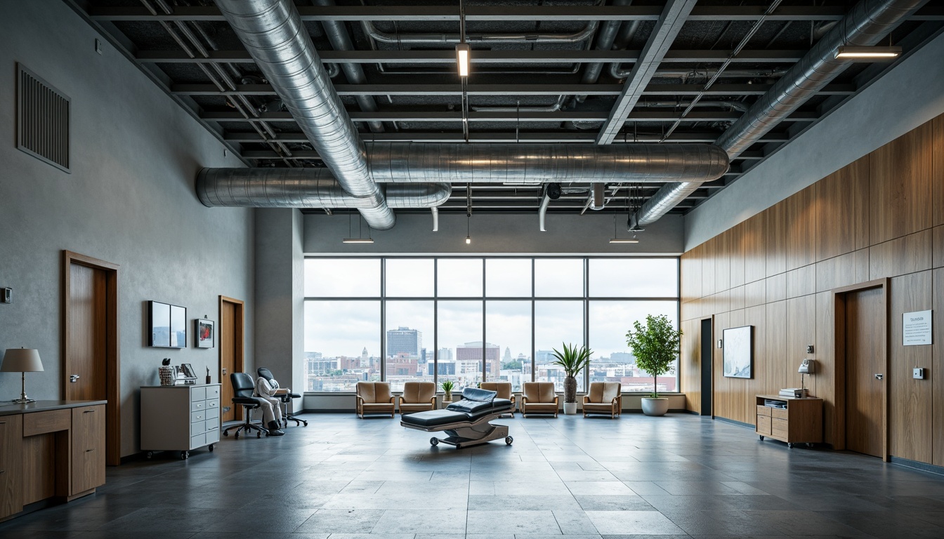 Prompt: Industrial-chic hospital interior, exposed steel beams, polished concrete floors, industrial-style lighting fixtures, metal pipes, functional medical equipment, minimal decor, neutral color palette, natural light pouring in through large windows, urban cityscape view, cloudy day, softbox lighting, shallow depth of field, 2/3 composition, realistic textures, ambient occlusion.