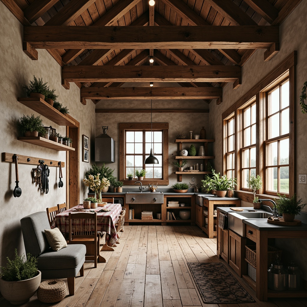 Prompt: Rustic farmhouse interior, exposed wooden beams, distressed wood accents, industrial metal fixtures, vintage farming tools, earthy color palette, natural stone walls, reclaimed wood flooring, cozy throw blankets, pendant lamps, modern farmhouse sink, galvanized metal countertops, wooden crates, potted plants, warm soft lighting, shallow depth of field, 1/1 composition, realistic textures, ambient occlusion.